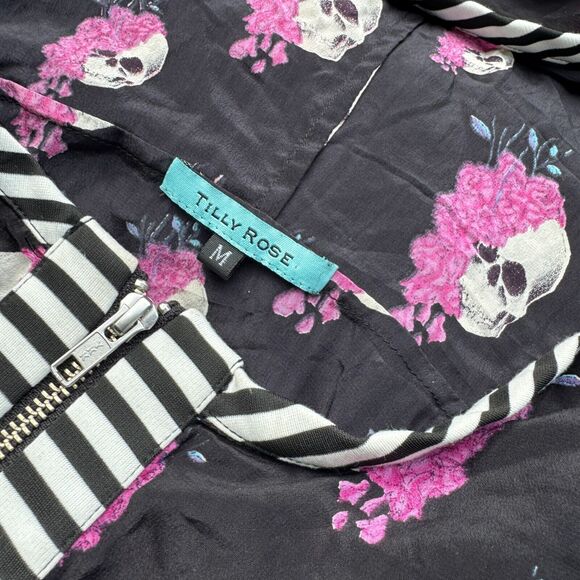 Women's Skull Print Hoodie Floral AOP Washed Silk Puff Sleeves Size M Tilly Rose - Picture 3 of 11